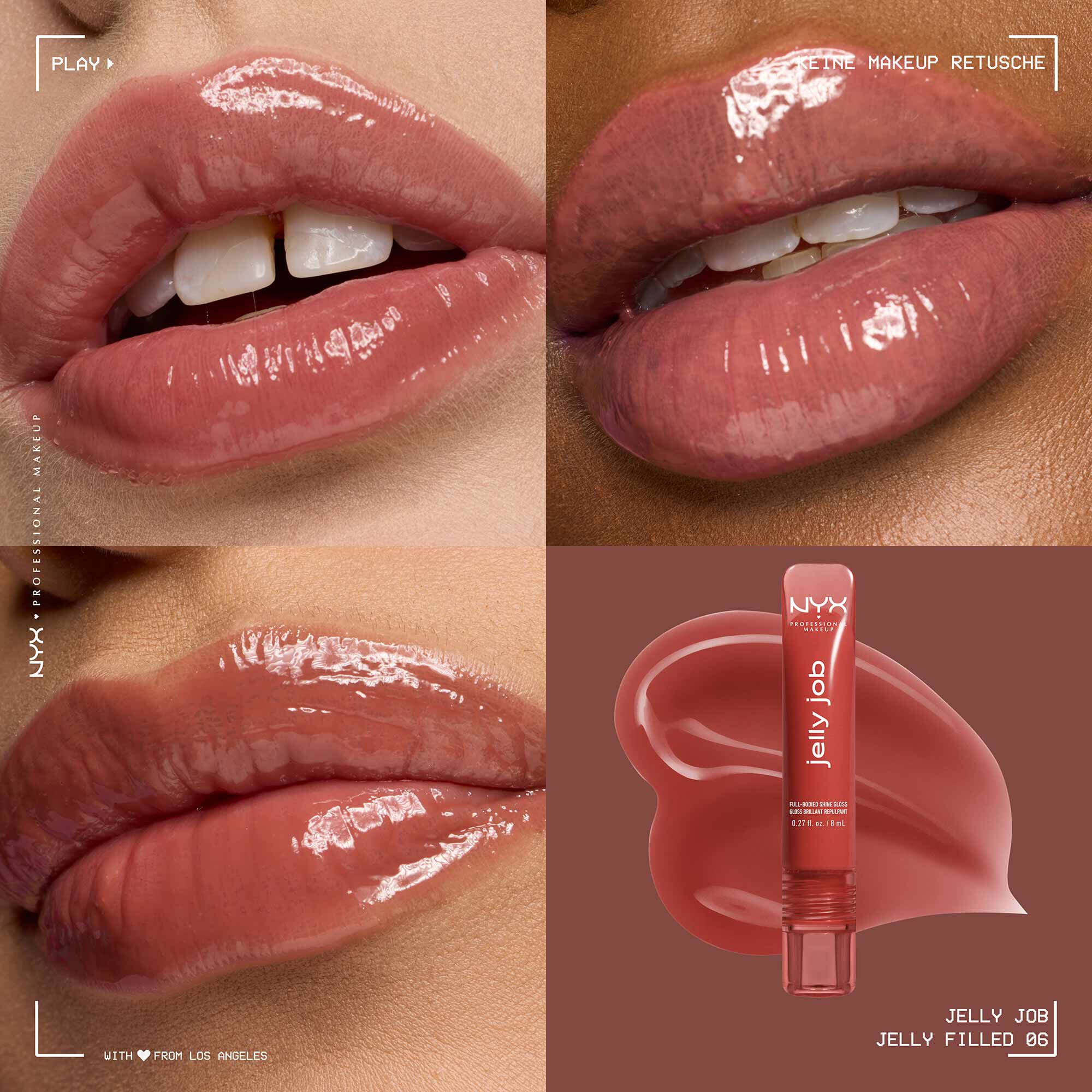 Ein Collage-Bild, das vier verschiedene Ansichten des NYX Professional Makeup "Jelly Job" Lipgloss zeigt.