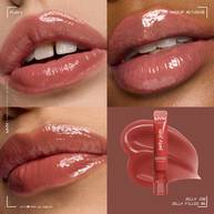 4-teiliges Collage-Bild mit 3 glanzenden Lippen in verschiedenen Hauttonen und dem Jelly Job Lipgloss von NYX Professional Makeup
