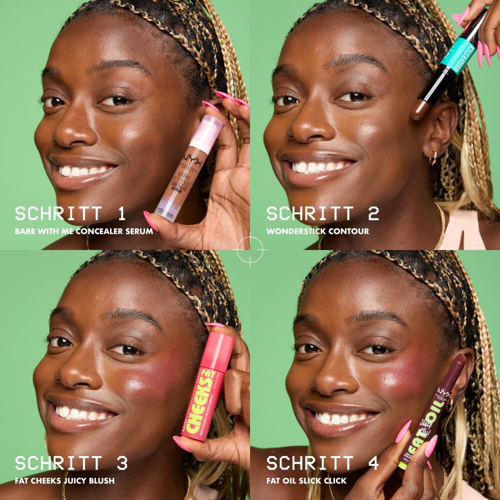 4-Schritt-Anleitung fur einen perfekten Look mit den Produkten Bare With Me Concealer Serum, Wonderstick Contour, Fat Cheeks Juicy Blush und Fat Oil Slick Click von NYX Professional Makeup