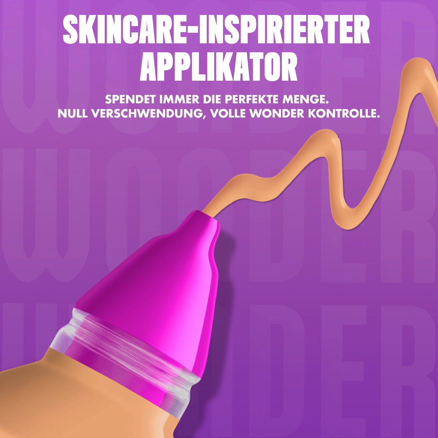 Nahaufnahme des Make 'Em Wonder Foundation-Applikators beworben mit einer prazisen Produkt-Dosis