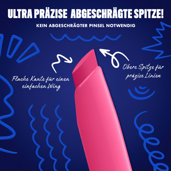 Das Bild zeigt eine Nahaufnahme der abgeschragten Spitze eines Eyeliners vor einem dunkelblauen Hintergrund. Auf dem Bild sind verschiedene Texte und Illustrationen zu sehen.