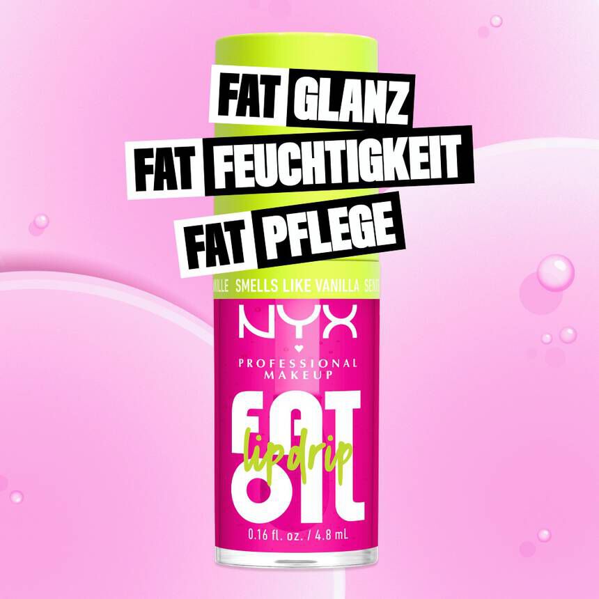 Eine Darstellung des NYX Lippenols hebt die Vorteile „Fat Glanz“, „Fat Feuchtigkeit“ und „Fat Pflege“ hervor.