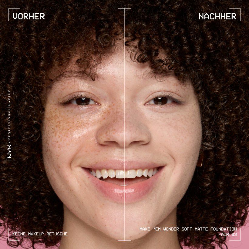 Vorher-Nachher-Bild vom Gesicht einer lachelnden Person mit und ohne Make 'Em Wonder Foundation