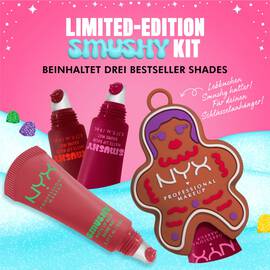 Limitierte Auflage des NYX Professional Makeup Holiday Smushy Kit mit drei Balsam-Tuben, umgeben von Sußigkeiten-Symbolen und Schnee.
