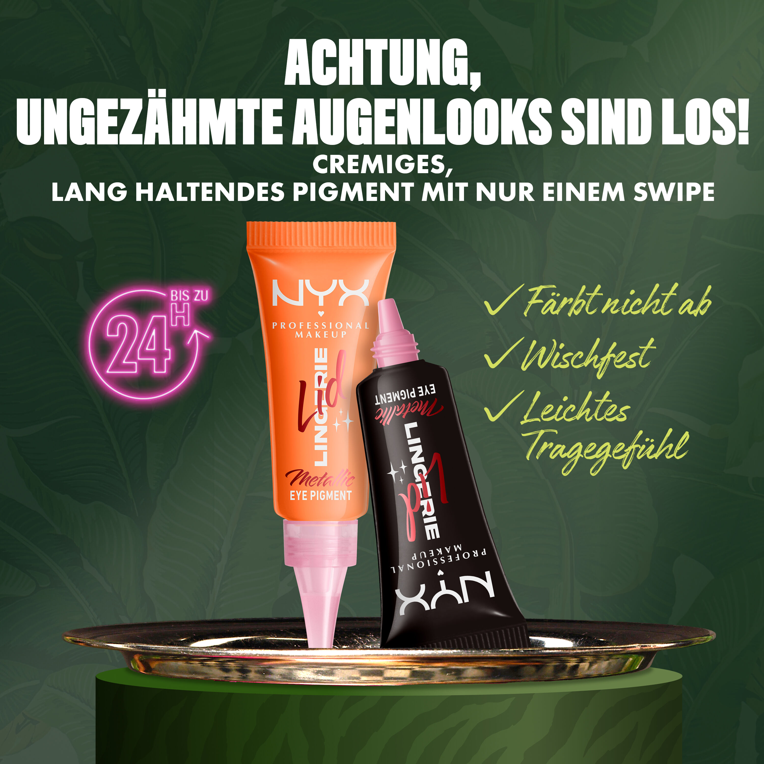 NYX Professional Makeup Party Animals Lid Lingerie Cream Eye Pigments auf einem Tray prasentiert – mit Fokus auf abriebfeste, wischfeste und federleichte Langlebigkeit.