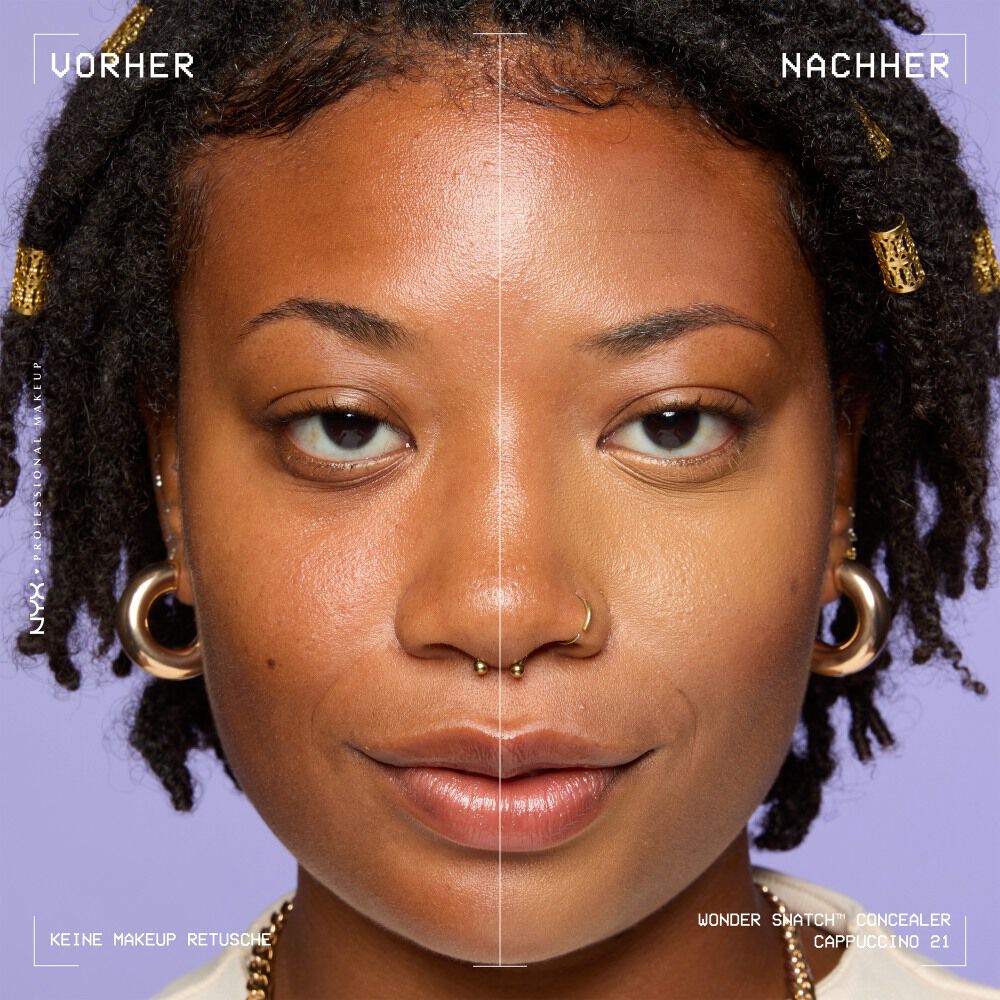 Ein unretuschierter Vorher-Nachher-Vergleich im Split-Screen demonstriert die hohe Deckkraft des NYX Wonder Snatch™ Concealers.