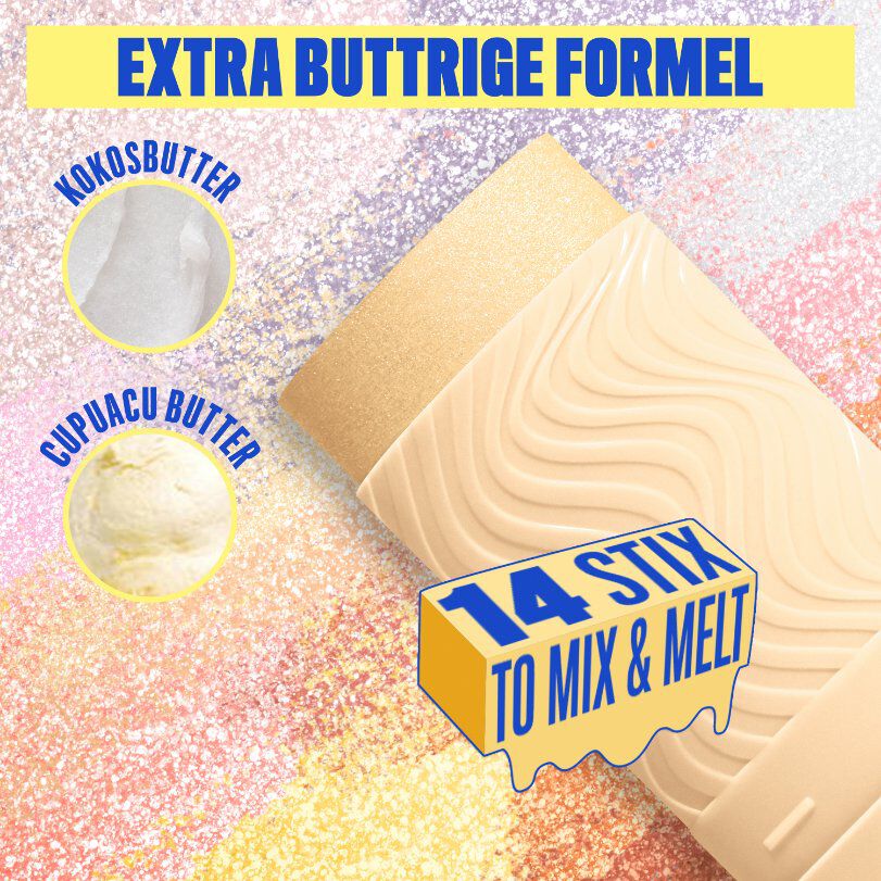 Ein farbenfrohes und glitzerndes Werbebild, das die Hauptbestandteile und Eigenschaften der "Buttermelt Stix" von NYX Professional Makeup hervorhebt. Der Hintergrund ist eine Mischung aus schimmernden Pink-, Lila- und Goldtonen.