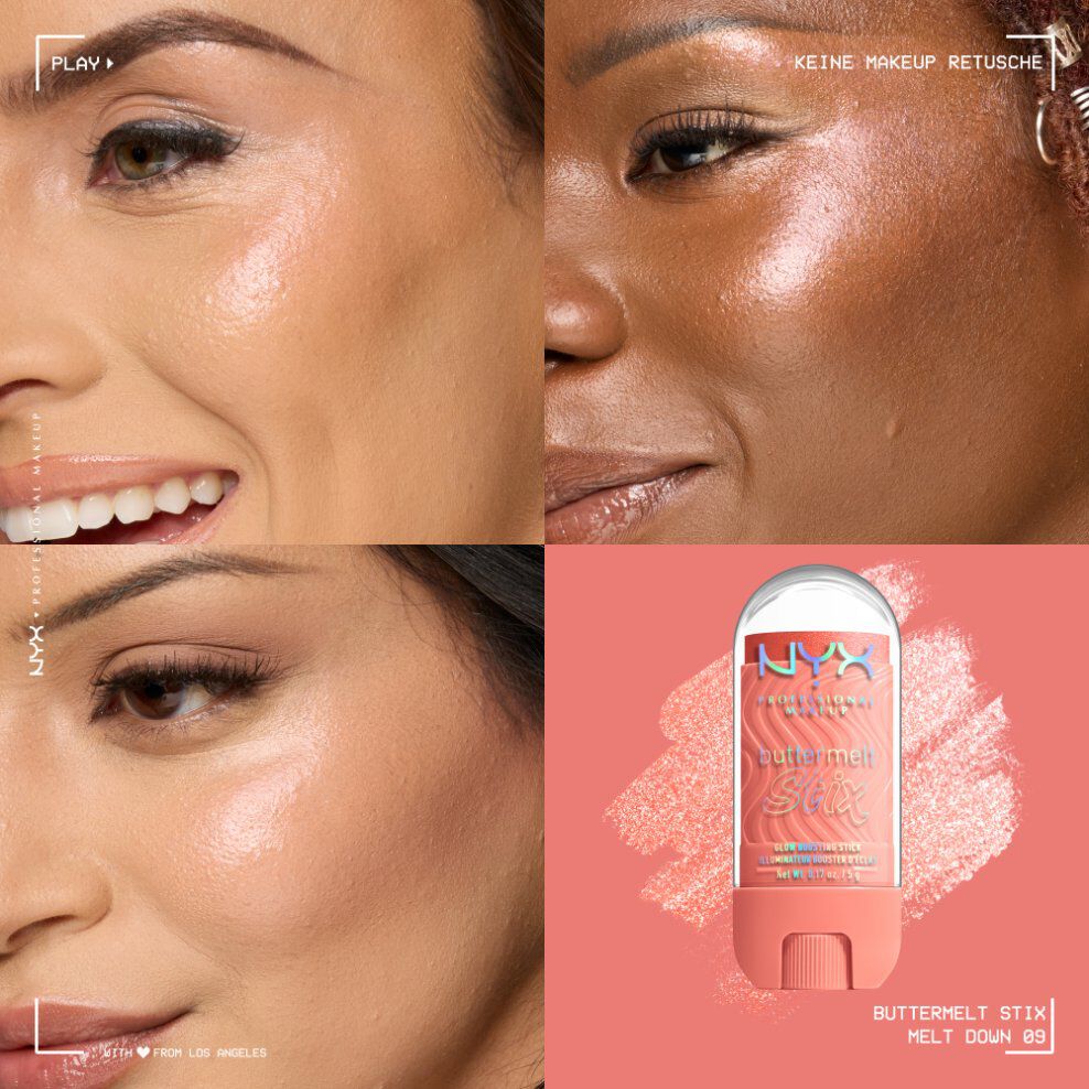 Ein vierteiliges Collage-Bild, das die Naturlichkeit und den Glanz der NYX Professional Makeup Buttermelt Stix hervorhebt.
