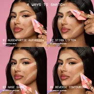 Collage aus vier Aufnahmen einer Frau, die dem Wonder Powder Puff hellen Puder auf verschiedene Bereiche ihres Gesichts auftragt, um Make-up-Techniken zu demonstrieren.