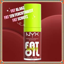 Zeigt eine Nahaufnahme einer einzelnen Tube NYX Fat Oil Lipgloss. Der Text drumherum hebt die wichtigsten Vorteile hervor: „FAT GLANZ”, „FAT 12H FEUCHTIGKEIT” und „FAT SCHUTZ”. Die Tube hat einen neongrunen Verschluss.