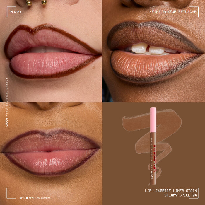 Das Bild ist eine vierteilige Collage, die Lippen-Make-up auf verschiedenen Hauttonen zeigt und ein Produkt prasentiert.