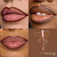 Vierteilige Collage mit 3 Anwendungen des Lip Lingerie Lip Liner Stains auf verschiedenen Hauttonen und dem Lipliner
