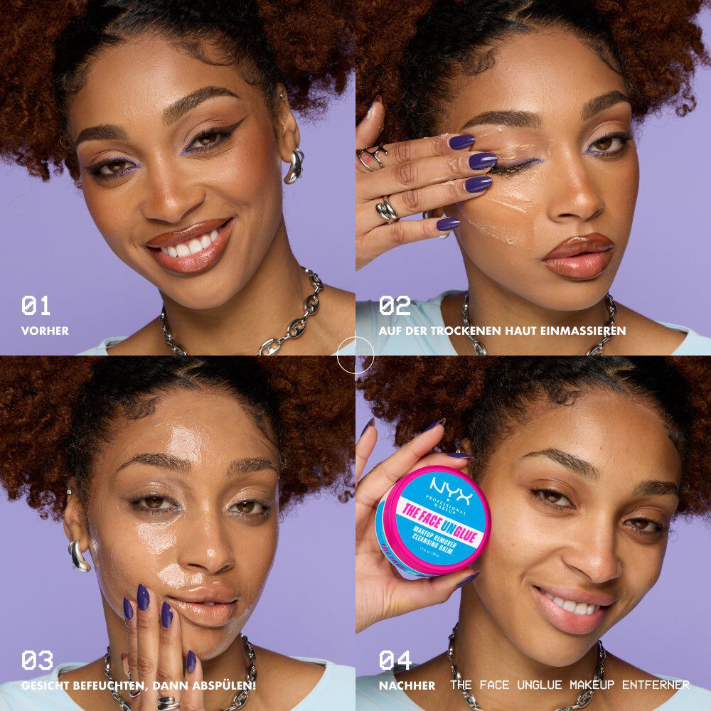 Vierteilige Step-by-Step-Anleitung des Cleansing Balms: Entnehmen, auftragen, einmassieren, abspulen