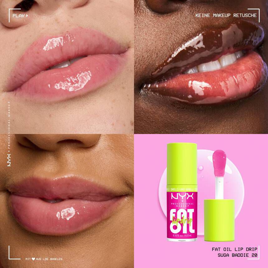 Eine vierteilige Collage prasentiert das Lippenol im direkten Vergleich auf drei unterschiedlichen Hauttonen.