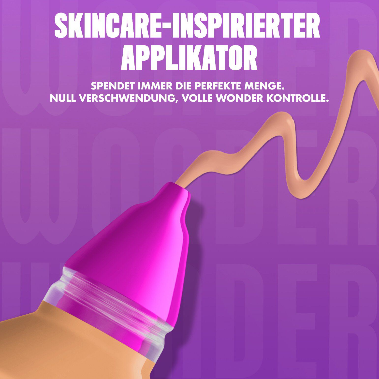 Nahaufnahme des Make 'Em Wonder Foundation-Applikators beworben mit einer prazisen Produkt-Dosis