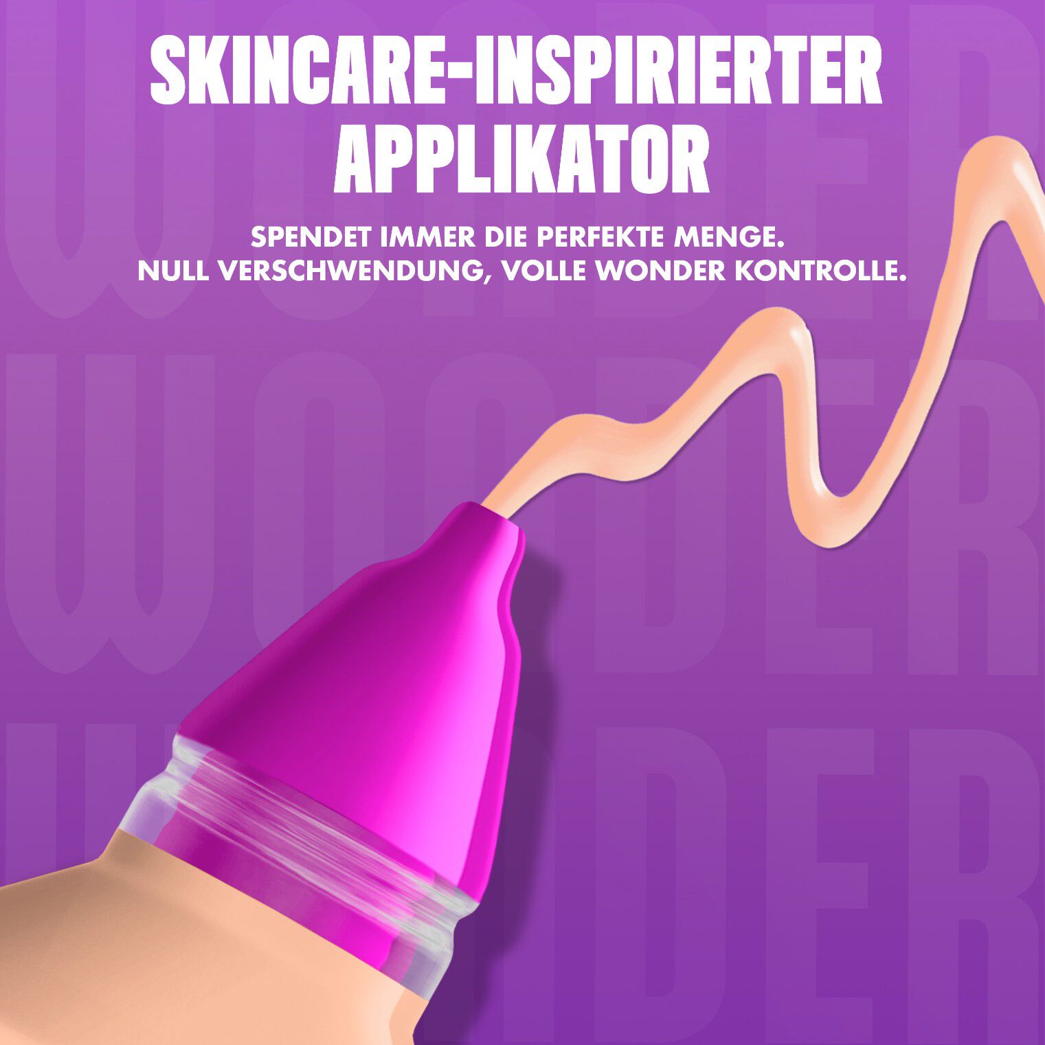 Nahaufnahme des Make 'Em Wonder Foundation-Applikators beworben mit einer prazisen Produkt-Dosis