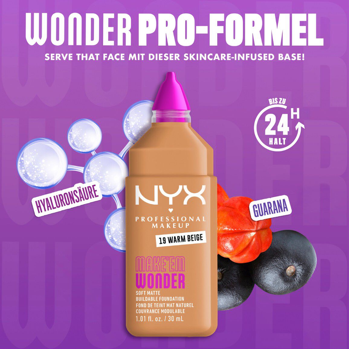 Make 'Em Wonder Foundation neben ihren Inhaltsstoffen Hyaluronsaure und Guarana-Extrakt