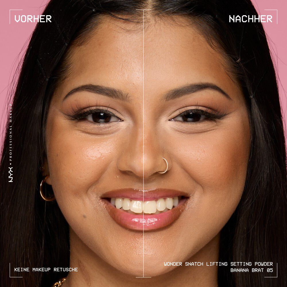 Vorher-Nachher-Bild einer jungen Frau mit und ohne aufgetragenem Wonder Snatch Lifting Setting Powder von NYX Professional Makeup
