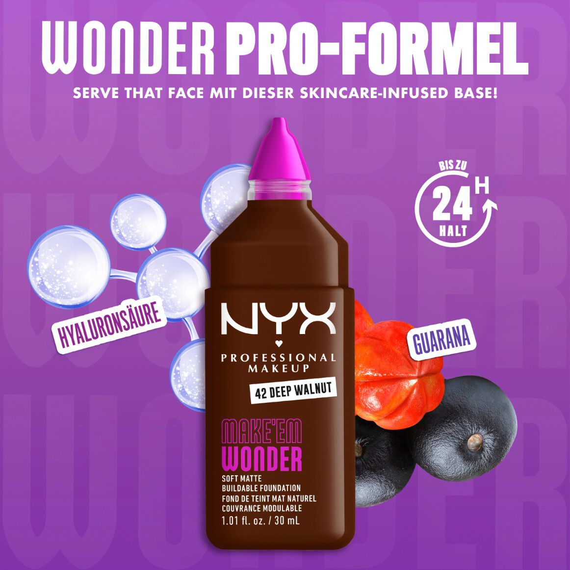 Make 'Em Wonder Foundation neben ihren Inhaltsstoffen Hyaluronsaure und Guarana-Extrakt