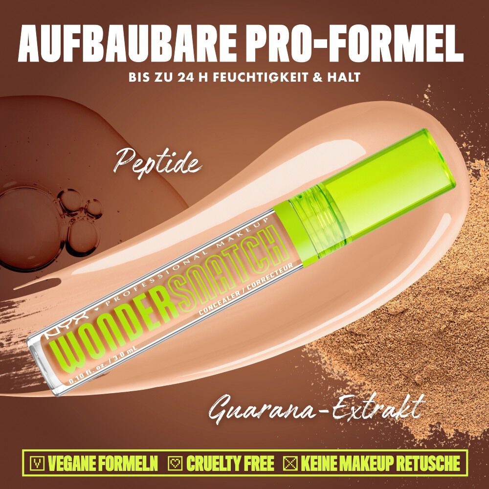 Produktgrafik des NYX Wonder Snatch™ Concealers, die die aufbaubare Formel mit Peptiden und Guarana-Extrakt fur bis zu 24 Stunden Feuchtigkeit und Halt prasentiert.