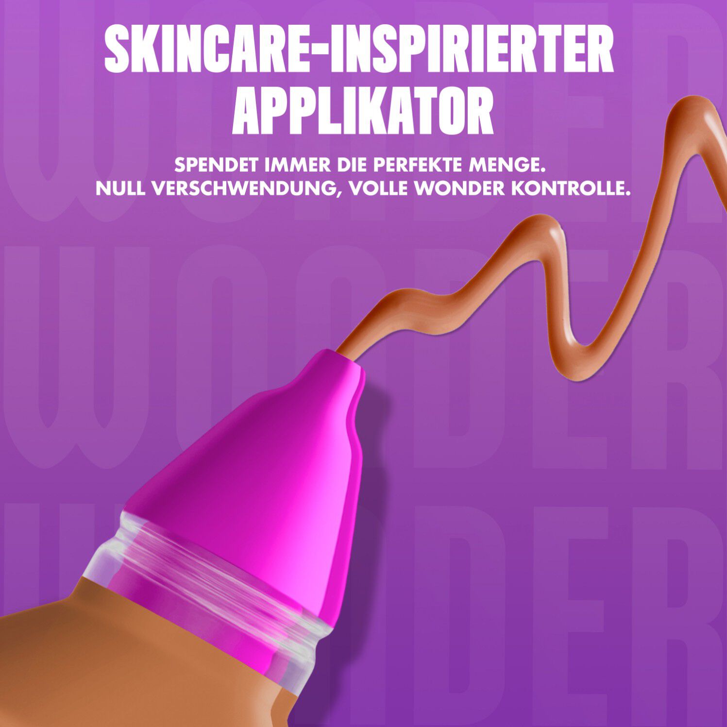 Nahaufnahme des Make 'Em Wonder Foundation-Applikators beworben mit einer prazisen Produkt-Dosis
