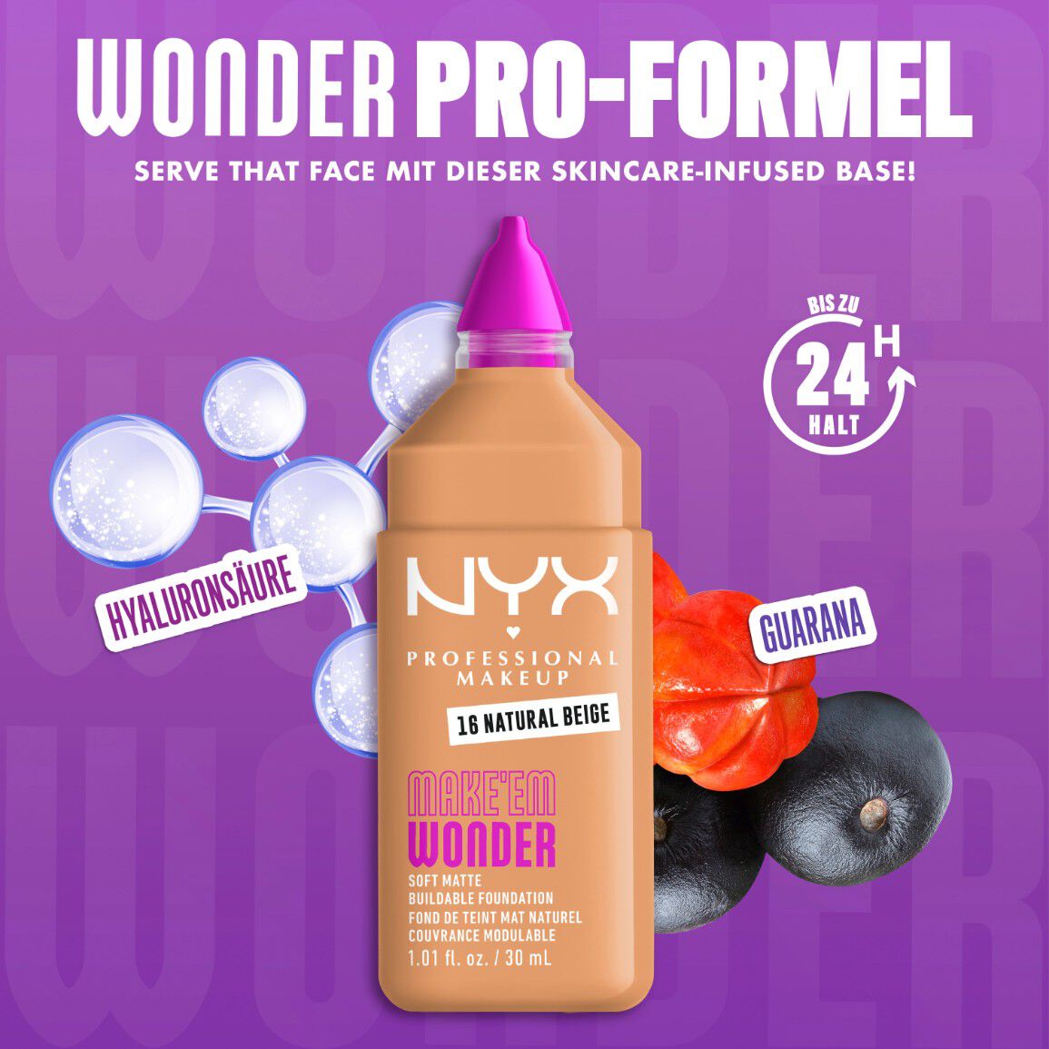 Make 'Em Wonder Foundation neben ihren Inhaltsstoffen Hyaluronsaure und Guarana-Extrakt