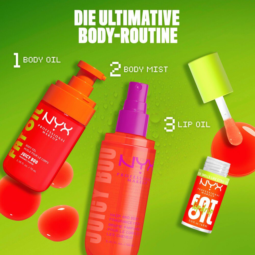 Eine Infografik empfiehlt die „ultimative Body-Routine“ bestehend aus Korperol, Duftspray und Lippenol der Serie Juicy Boo.