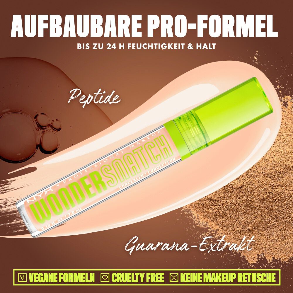 Produktgrafik des NYX Wonder Snatch™ Concealers, die die aufbaubare Formel mit Peptiden und Guarana-Extrakt fur bis zu 24 Stunden Feuchtigkeit und Halt prasentiert.