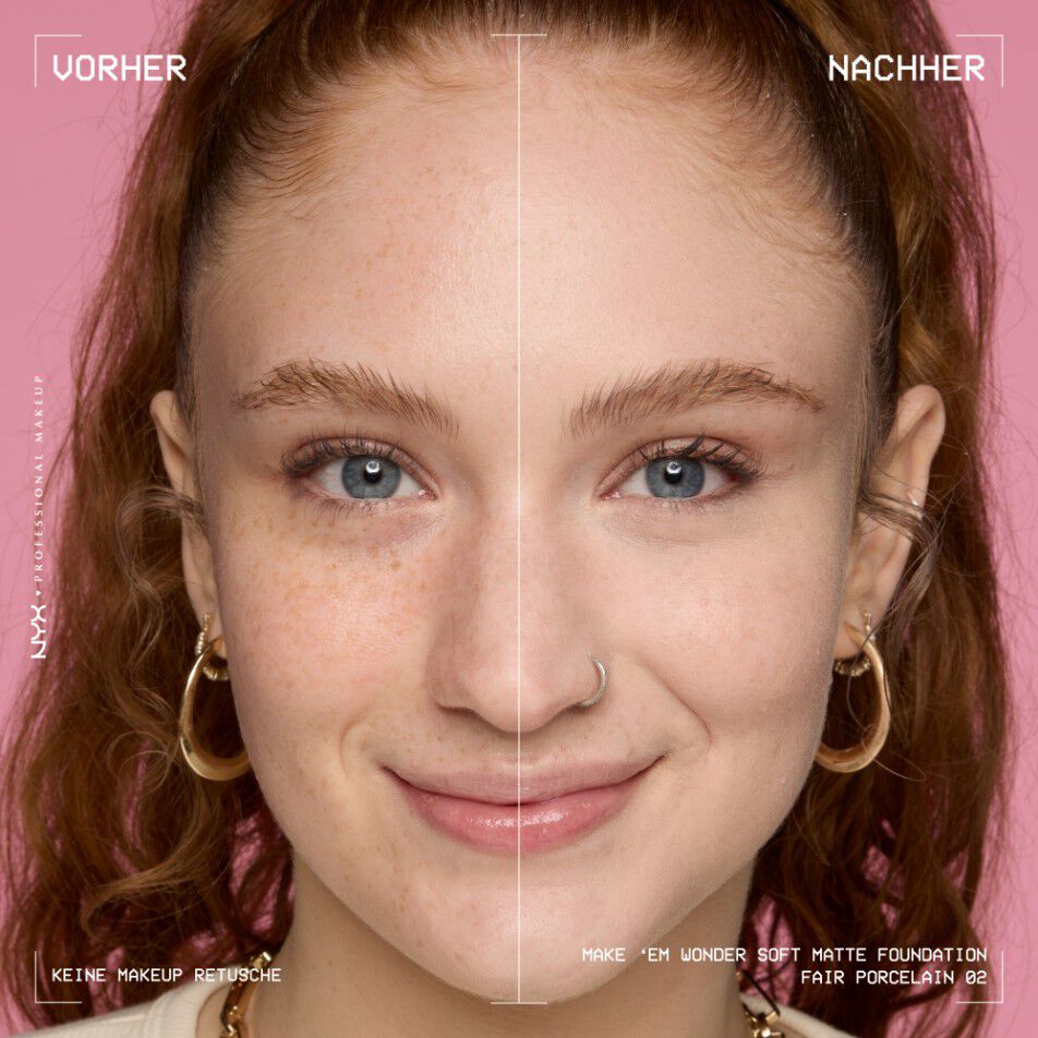 Vorher-Nachher-Bild vom Gesicht einer lachelnden Person mit und ohne Make 'Em Wonder Foundation