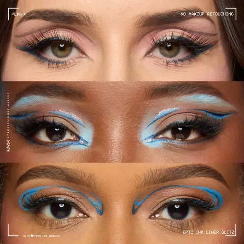 Drei Augen-Make-up-Looks, die mit matten und glitzernden Epic Ink Linern gestylt wurden