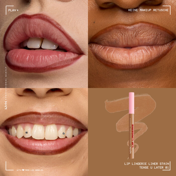 Das Bild ist eine vierteilige Collage, die Lippen-Make-up auf verschiedenen Hauttonen zeigt und ein Produkt prasentiert.
