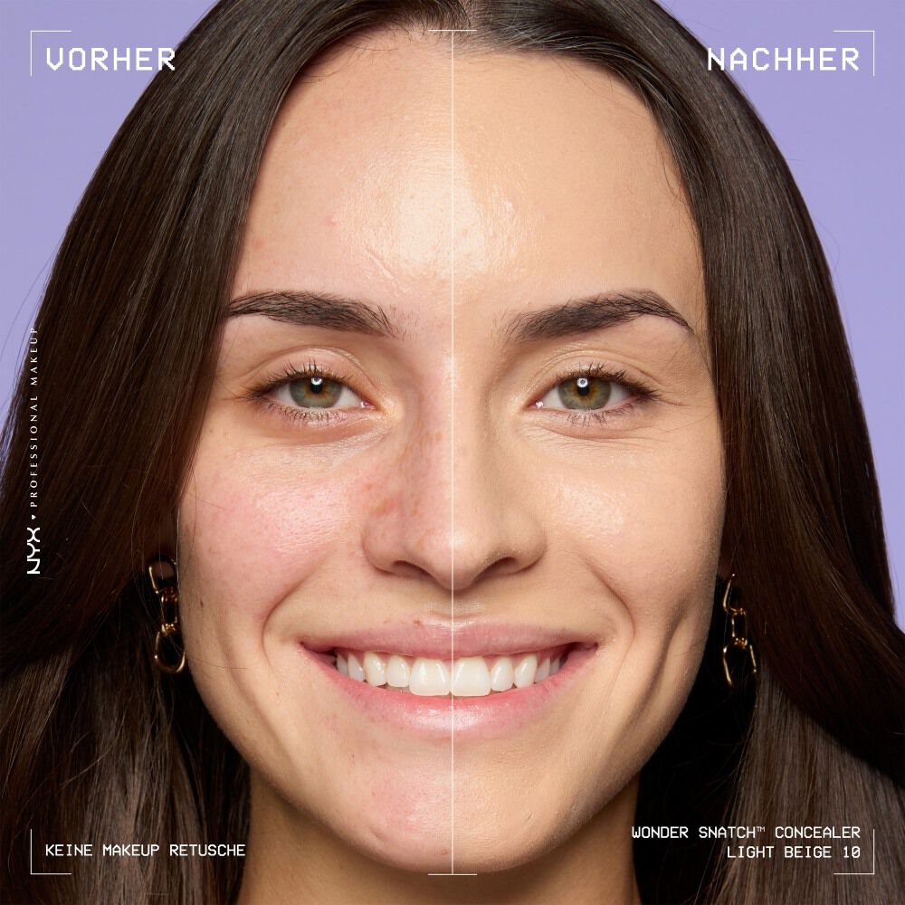 Ein unretuschierter Vorher-Nachher-Vergleich im Split-Screen demonstriert die hohe Deckkraft des NYX Wonder Snatch™ Concealers.