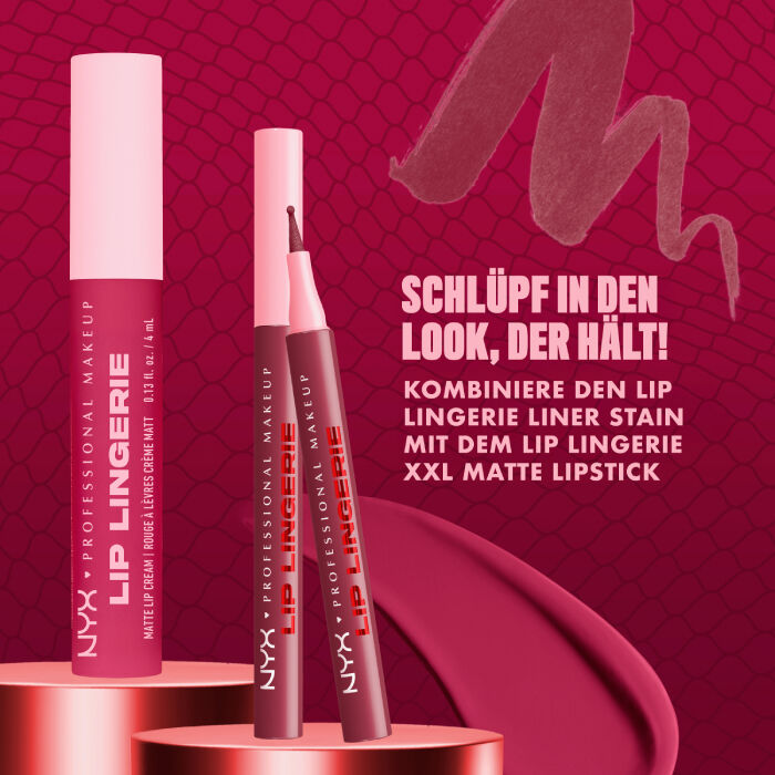 Das Bild zeigt eine Produktprasentation von drei NYX Professional Makeup Lip Lingerie Produkten auf zwei glanzenden, rosegoldenen Podesten vor einem dunkelrosa Hintergrund mit einem subtilen Wellenmuster.