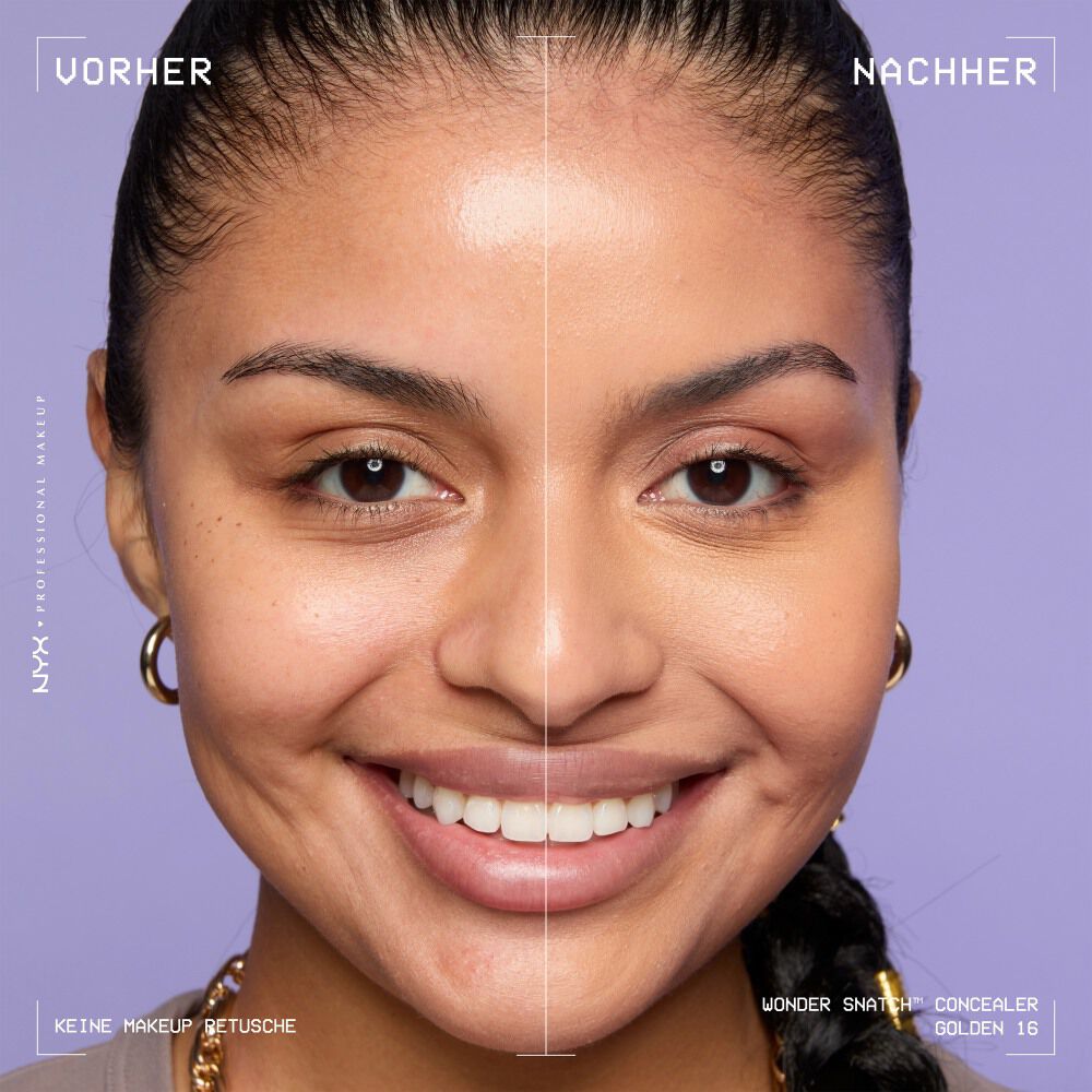 Ein unretuschierter Vorher-Nachher-Vergleich im Split-Screen demonstriert die hohe Deckkraft des NYX Wonder Snatch™ Concealers.