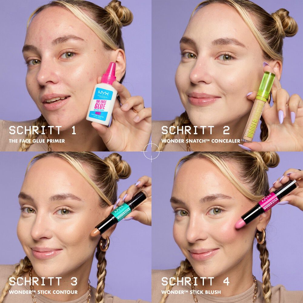 Eine vierteilige Schritt-fur-Schritt-Anleitung zeigt den nacheinander folgenden Auftrag von Primer, Concealer, Contour-Stick und Blush-Stick fur einen ebenmaßigen, definierten Teint.