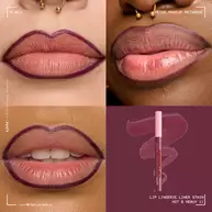 Vierteilige Collage mit 3 Anwendungen des Lip Lingerie Lip Liner Stains auf verschiedenen Hauttonen und dem Lipliner