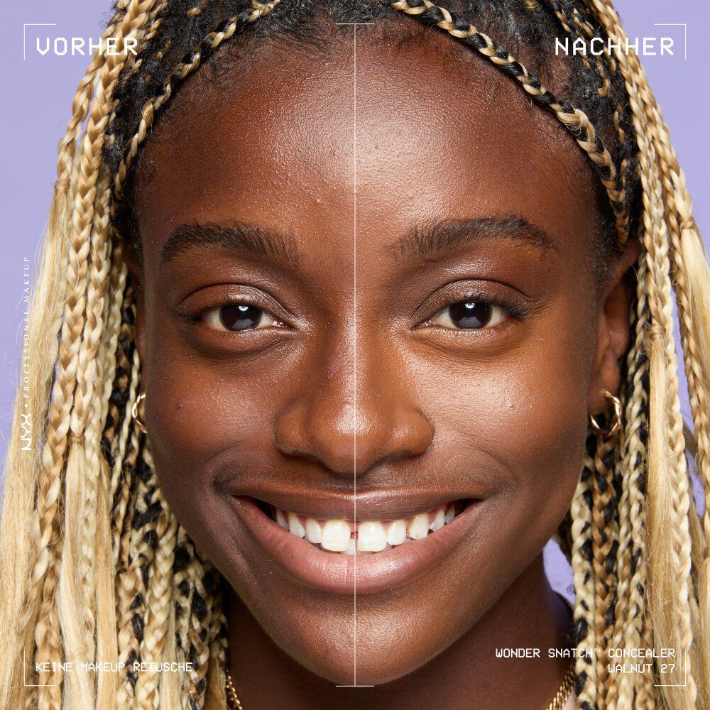 Ein unretuschierter Vorher-Nachher-Vergleich im Split-Screen demonstriert die hohe Deckkraft des NYX Wonder Snatch™ Concealers.