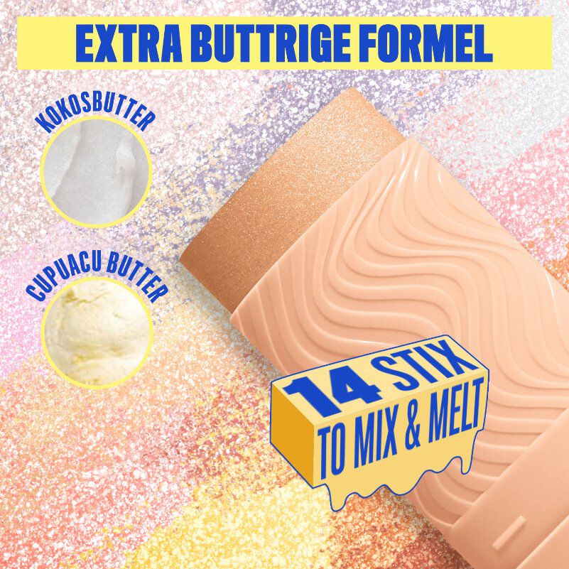 Ein farbenfrohes und glitzerndes Werbebild, das die Hauptbestandteile und Eigenschaften der "Buttermelt Stix" von NYX Professional Makeup hervorhebt. Der Hintergrund ist eine Mischung aus schimmernden Pink-, Lila- und Goldtonen.