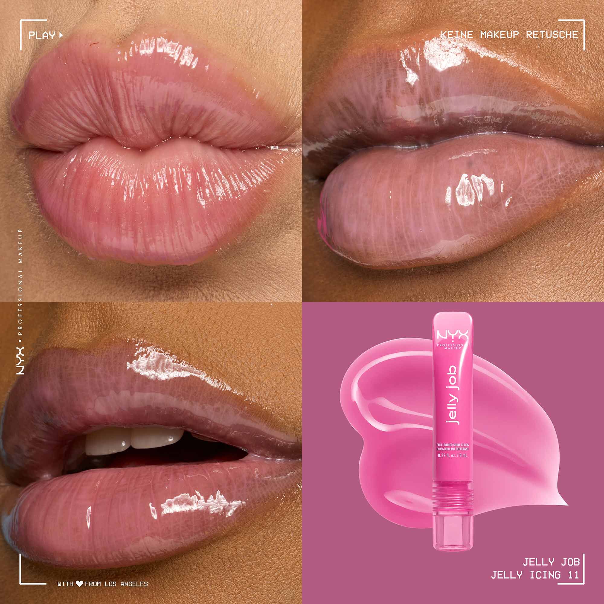 Ein Collage-Bild, das vier verschiedene Ansichten des NYX Professional Makeup "Jelly Job" Lipgloss zeigt.