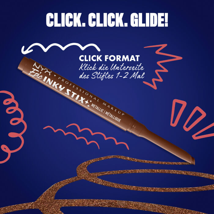 Das Bild zeigt einen Eyeliner-Stift von NYX Professional Makeup, diagonal auf einem dunkelblauen Hintergrund platziert. Oben steht in großen weißen Buchstaben "CLICK. CLICK. GLIDE!".