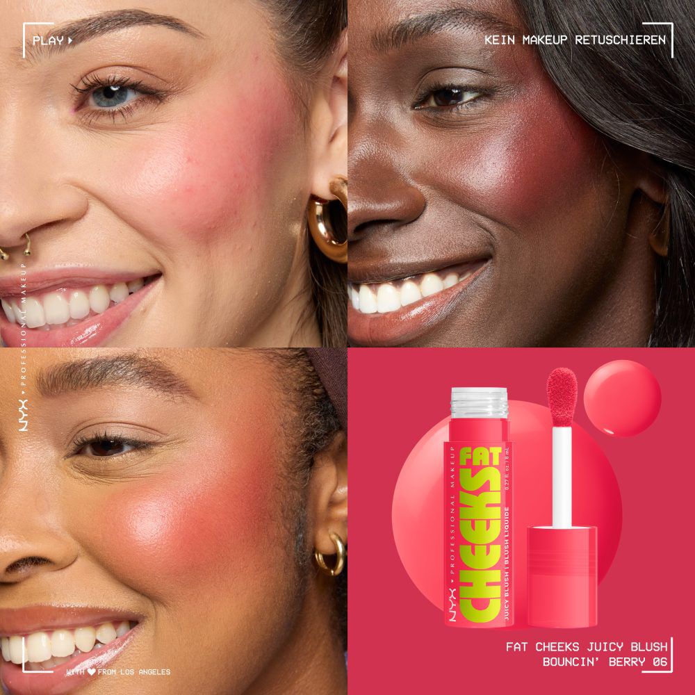 Nahaufnahme von Wangen mit unterschiedlichen Hauttonen und wie die Shades des Fat Cheeks Juicy Blushs bei unterschiedlichen Hauttonen wirken