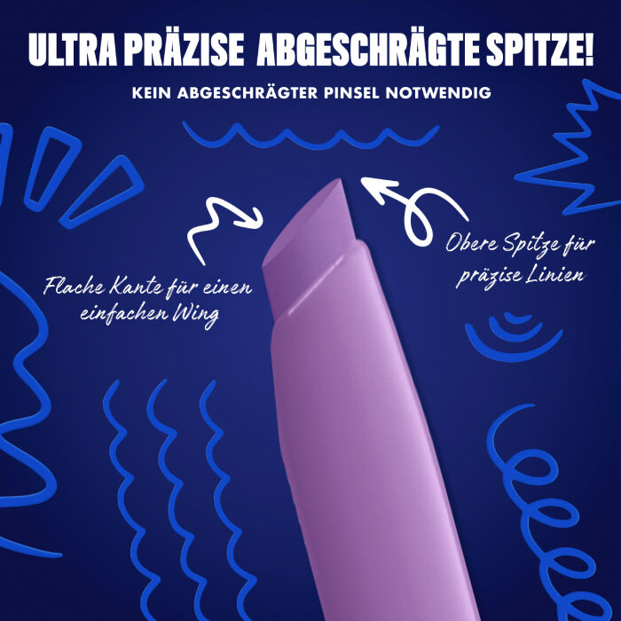 Das Bild zeigt eine Nahaufnahme der abgeschragten Spitze eines Eyeliners vor einem dunkelblauen Hintergrund. Auf dem Bild sind verschiedene Texte und Illustrationen zu sehen.