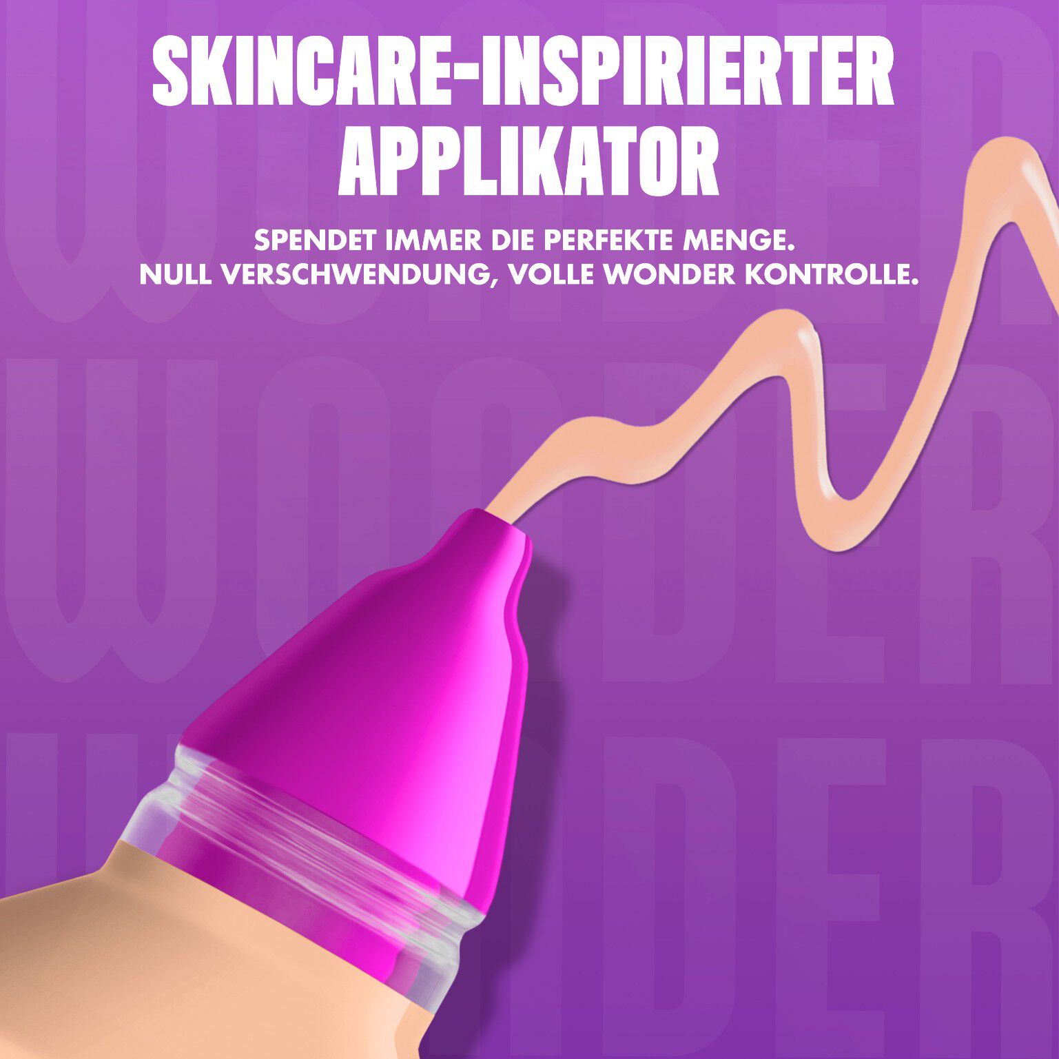Nahaufnahme des Make 'Em Wonder Foundation-Applikators beworben mit einer prazisen Produkt-Dosis