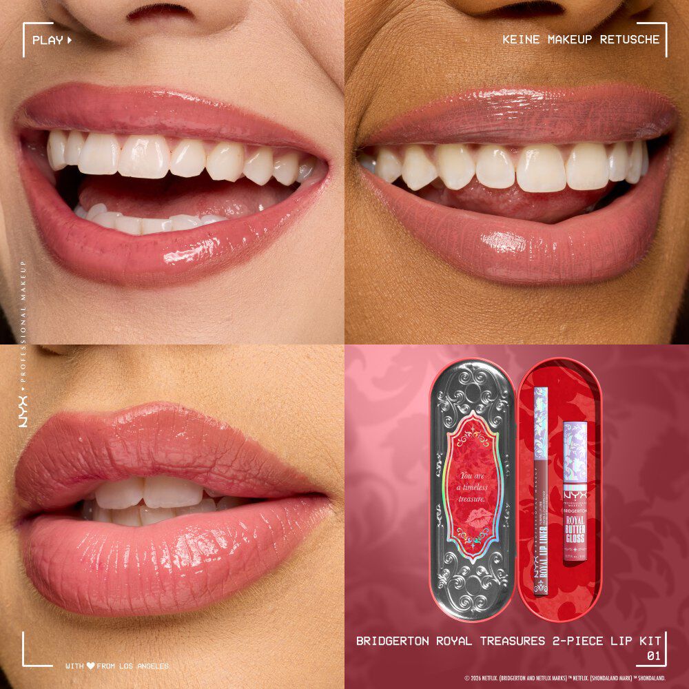 Eine Collage, die drei Frauen mit glanzenden Lippen zeigt, die einen Lipgloss tragen.
