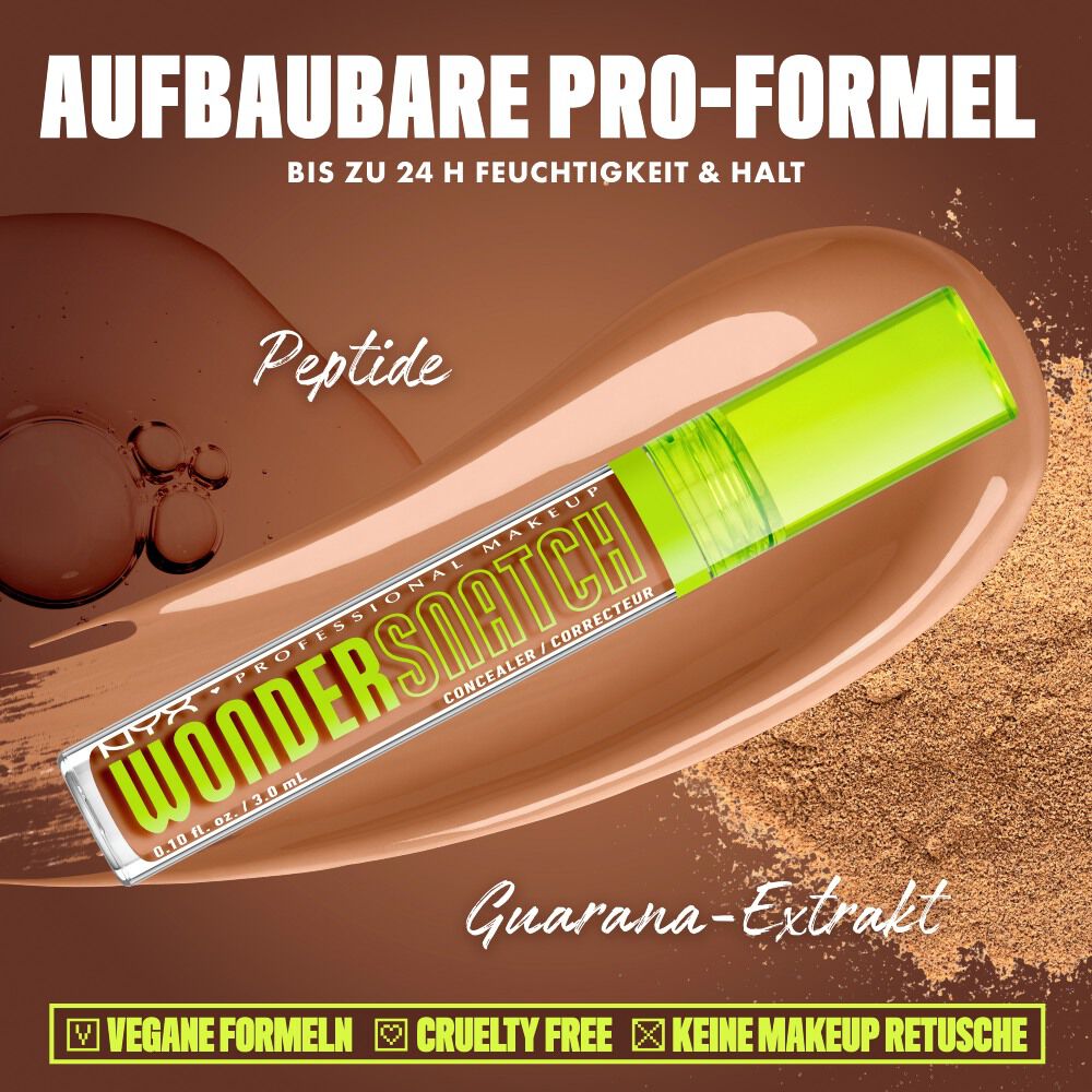 Produktgrafik des NYX Wonder Snatch™ Concealers, die die aufbaubare Formel mit Peptiden und Guarana-Extrakt fur bis zu 24 Stunden Feuchtigkeit und Halt prasentiert.