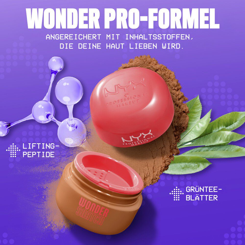 Offenes Wonder Snatch Lifting Setting Powder neben Inhaltsstoffen der Wonder Pro-Formel mit straffenden Peptiden und grunem Tee