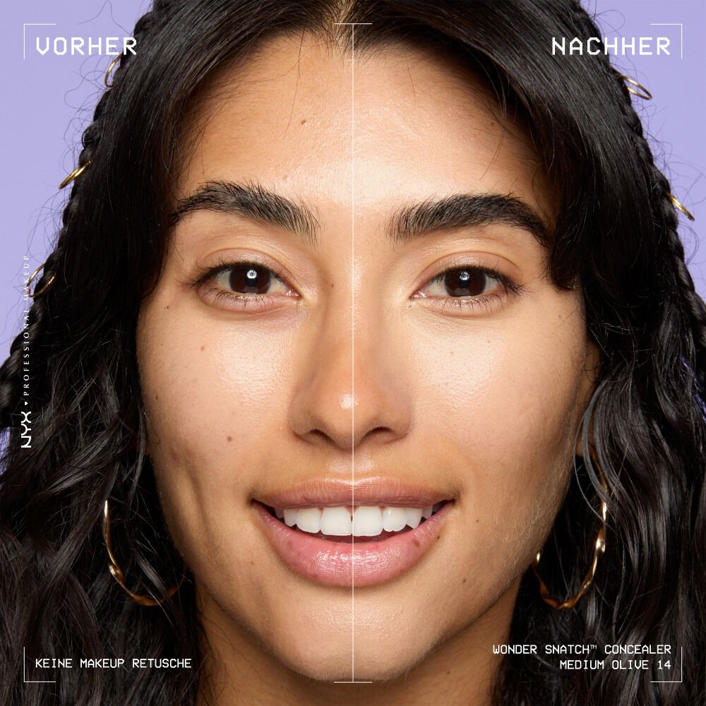 Ein unretuschierter Vorher-Nachher-Vergleich im Split-Screen demonstriert die hohe Deckkraft des NYX Wonder Snatch™ Concealers.