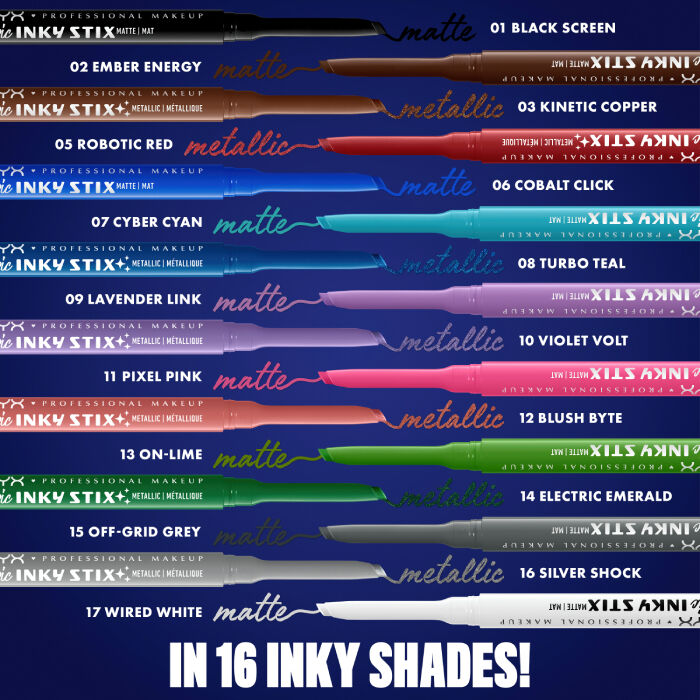 Das Bild zeigt siebzehn "NYX Professional Makeup Inky Stix" Eyeliner in verschiedenen Farben und Finishes, horizontal auf einem dunkelblauen Hintergrund angeordnet. Jeder Stift ist mit einer Nummer, einem Farbnamen und dem Finish "matte" oder "metallic" beschriftet.