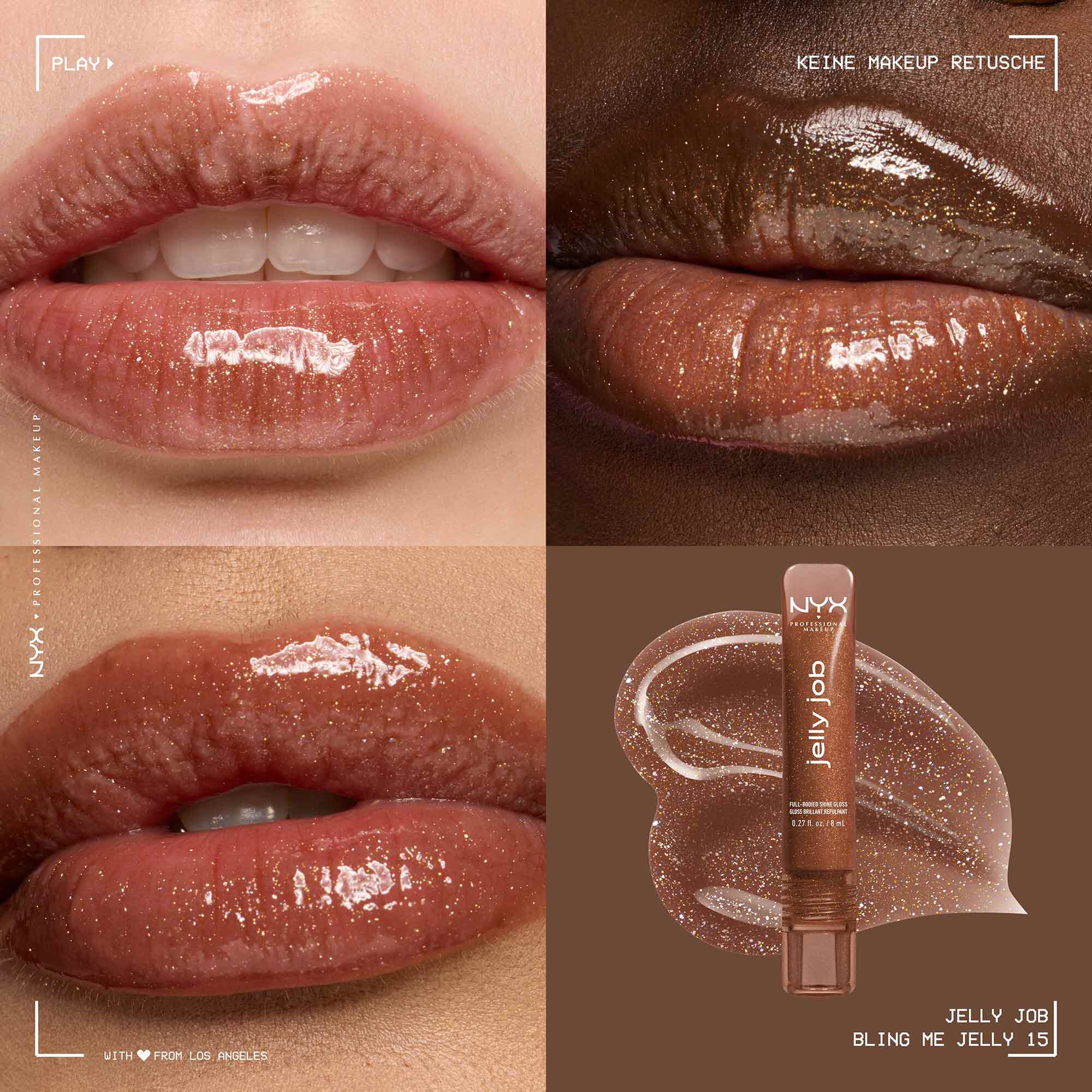 Ein Collage-Bild, das vier verschiedene Ansichten des NYX Professional Makeup "Jelly Job" Lipgloss zeigt.