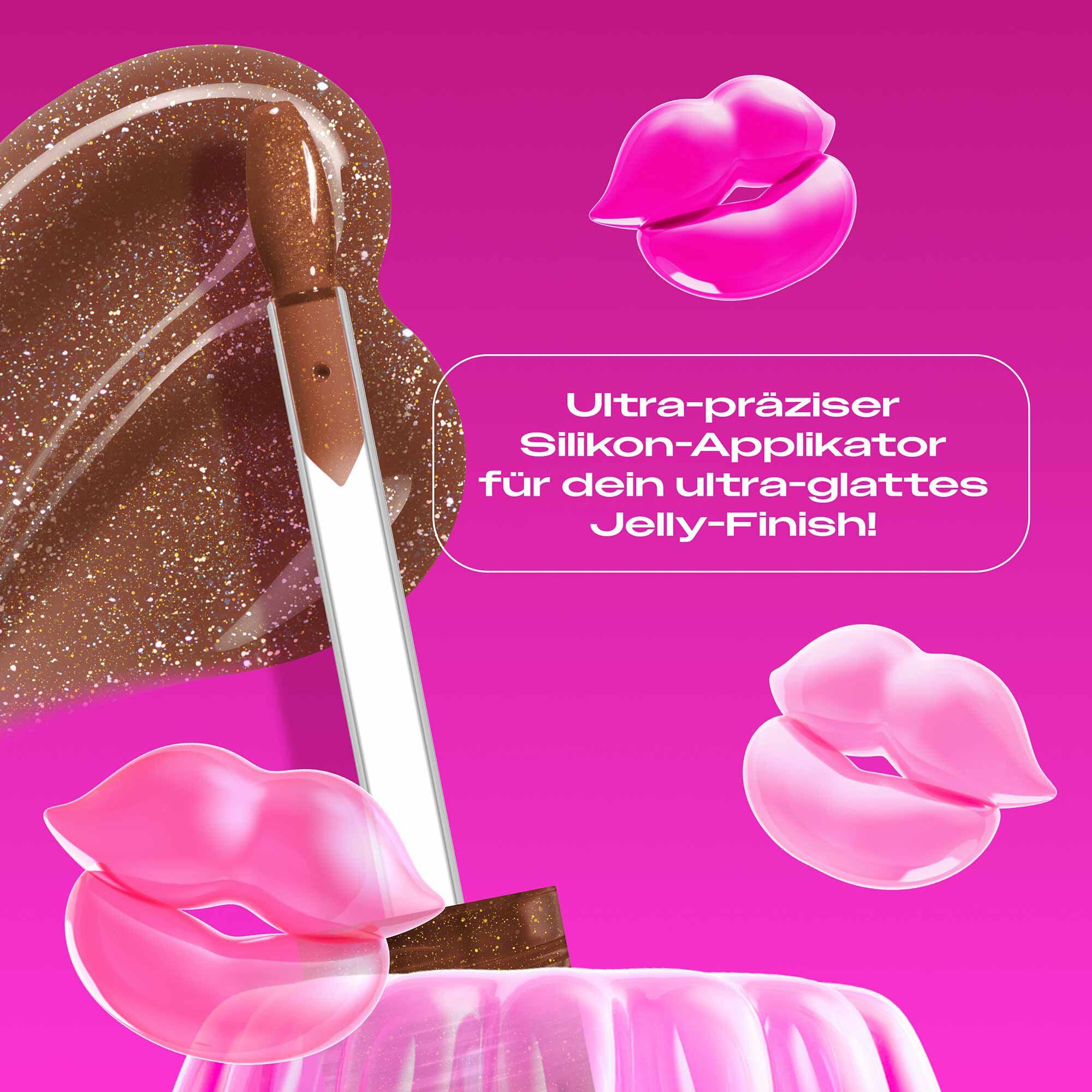 Das Bild zeigt eine Applikatorspitze aus Silikon, die in eine  viskose Textur taucht, die wie ein Swatch aufgetragen ist. Der Applikator ragt aus einer pinkfarbenen, gelatineartigen Masse oder Form heraus, die an Wackelpudding erinnert. Der gesamte Hintergrund ist ein leuchtendes Magenta.